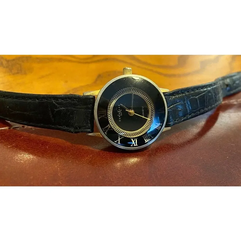 Women's LA Express Watch, Gold Tone with Black Bezel, Black Leather Band